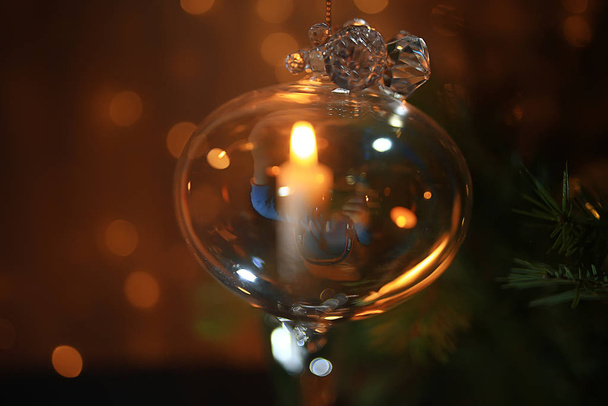 Christmas candles decoration card, New Year, table decorations, burning candles and Christmas tree branches - 写真・画像