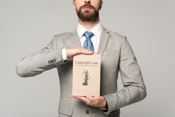 частичный взгляд юриста, держащего книгу с авторским правом название изолированы на серый
 - Фото, изображение