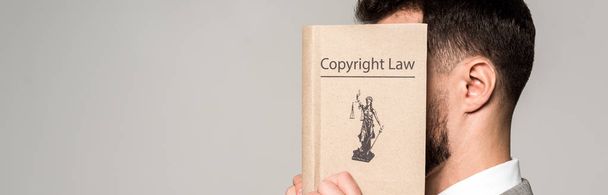 panoramic shot of lawyer obscuring face with copyright law book isolated on grey - Photo, Image