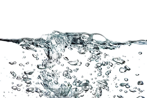 Um respingo de água, gotas e bolhas sobre um fundo branco
 - Foto, Imagem