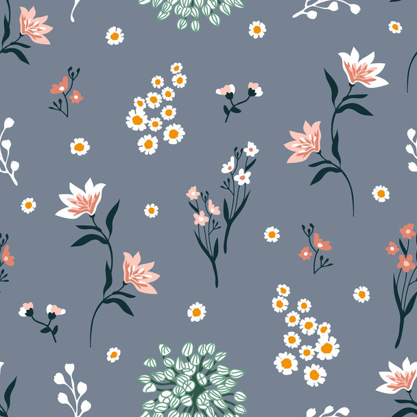 Seamless vector print with lilies and wildflowers. - ベクター画像