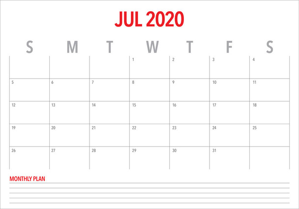 Červenec 2020 ukázka vektorového kalendáře - Vektor, obrázek