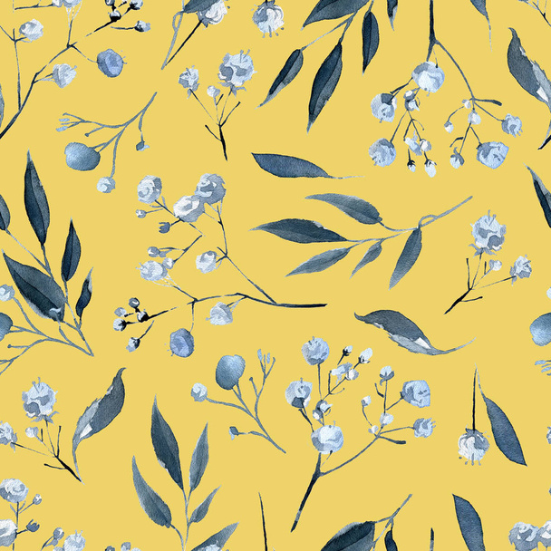 Watercolor seamless pattern with black and blue plants, leaves and flowers - 写真・画像