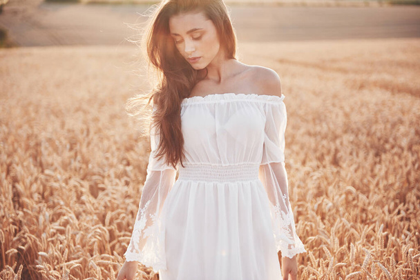 Portrait of a beautiful girl in a white dress in the field of wheat. - Фото, зображення