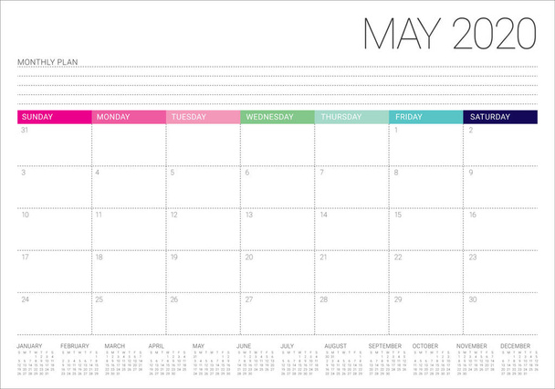 Векторная иллюстрация календаря мая 2020 года
 - Вектор,изображение