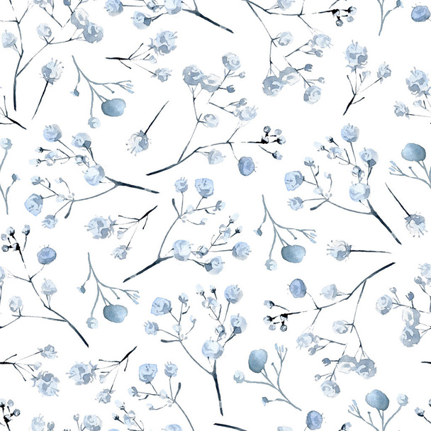 Watercolor seamless pattern with black and blue plants, leaves and flowers - Фото, зображення