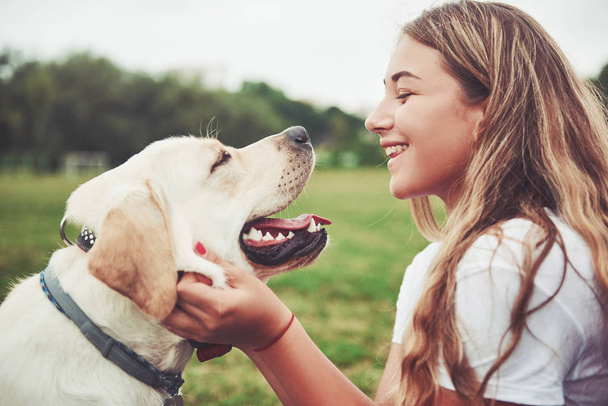 Frame with a beautiful girl with a beautiful dog in a park on green grass - Foto, imagen