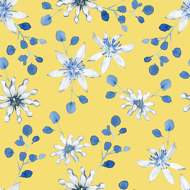 Watercolor seamless pattern with black and blue plants, leaves and flowers - Foto, Bild