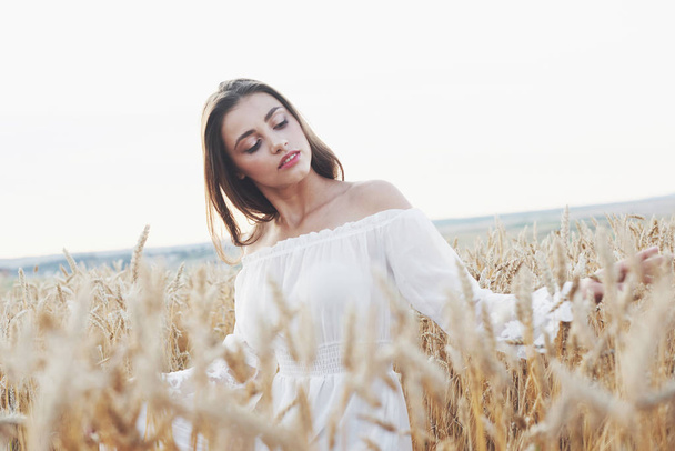Beautiful girl in a field of wheat in a white dress, a perfect picture in the style lifestyle. - Foto, afbeelding