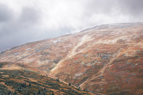 The first snow in the Ukrainian mountains, clouds low mountains - Foto, Bild