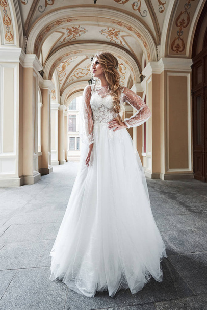 Beautiful, elegant bride with a perfect wedding dress, poses around beautiful architecture. - Foto, Imagen