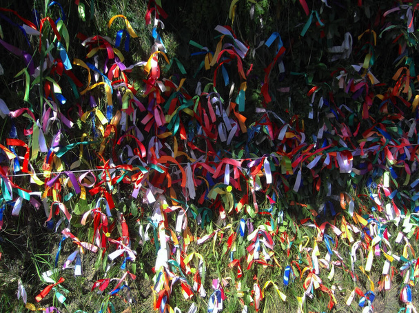 Abkhazia. Lake Ritsa. waterfall girlish tears. Day of colorful ribbons. Maypole tree. Holiday on April 6th. - Photo, Image