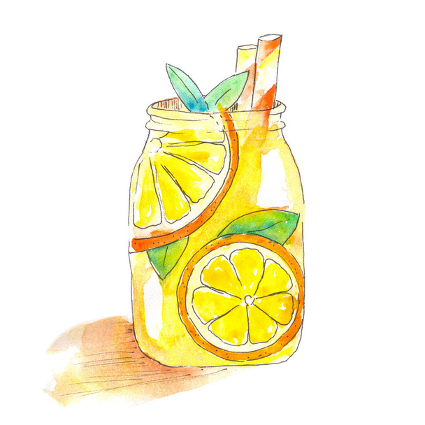 水彩レモンとミントの冷たいレモネードの大きなガラスマグカップ瓶孤立した背景に2つのチューブ - 写真・画像