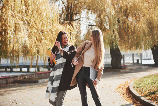 Friendly gesture between these two young and beautiful students in the autumn park. - Foto, imagen