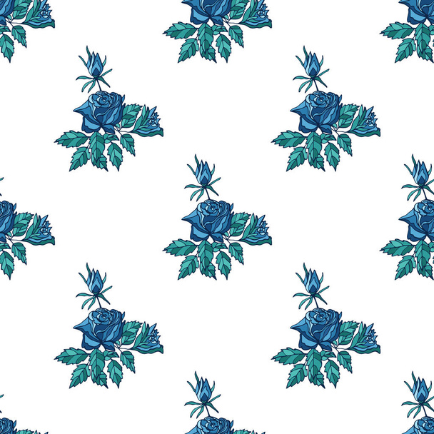Seamless pattern with blue roses and buds on white background. - Διάνυσμα, εικόνα