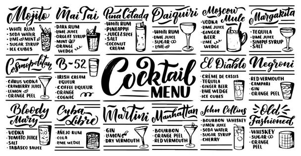 Письменный набор рецептов коктейлей. Шаблон для карточного баннера и плакат для меню бара и ресторана. Векторная иллюстрация
 - Вектор,изображение