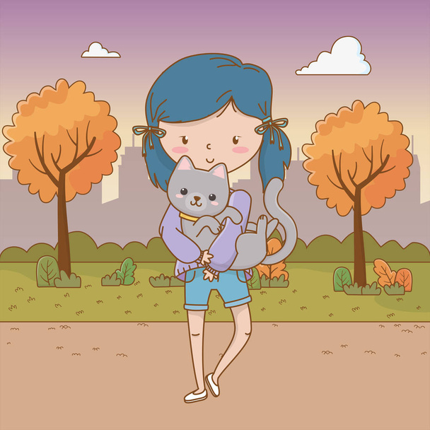 Chica con diseño de dibujos animados gato
 - Vector, Imagen