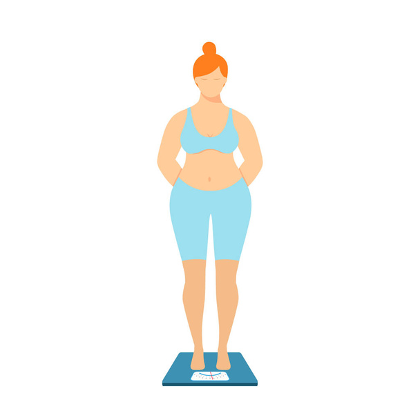 Mulher gorda está de pé sobre as escamas, isolado sobre o fundo branco. Conceito de estilo de vida saudável. Dieta e perda de peso
 - Vetor, Imagem