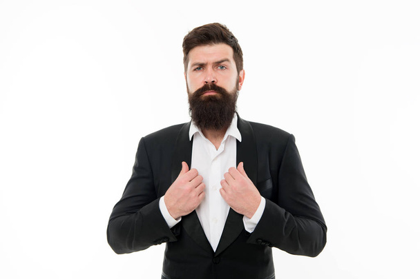 Superhero. Facial hair and grooming. Fashion model with long beard and mustache. Business people fashion style. Menswear and fashion concept. Man handsome bearded businessman wear formal suit - Fotó, kép