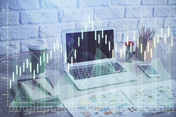 Multi exposure of graph and financial info and work space with computer background. Concept of international online trading. - Photo, Image
