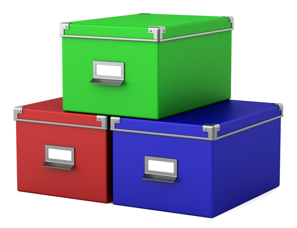 trois boîtes en carton de bureau de couleur isolées sur fond blanc
 - Photo, image
