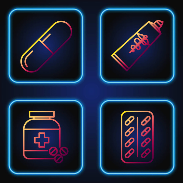 Установить линию Таблетки в блистерной упаковке, пузырьков лекарств и таблеток, лекарственных таблеток или таблетки и мази крем для трубки лекарства. Градиентные цветные иконки. Вектор
 - Вектор,изображение