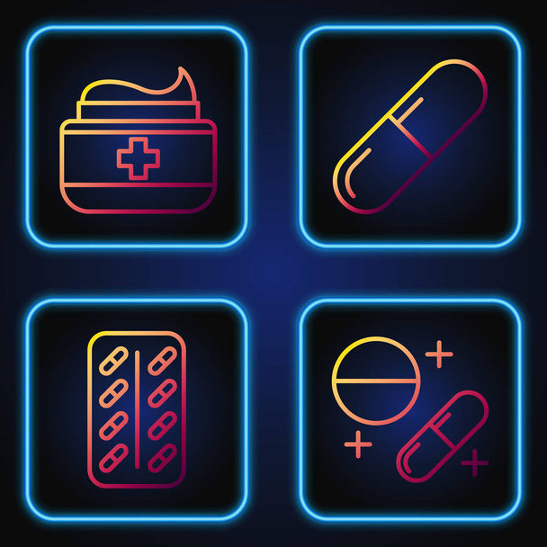 Набор линии Лекарственные таблетки или таблетки, таблетки в блистерной упаковке, мазь крем трубки лекарства и лекарства таблетки или таблетки. Градиентные цветные иконки. Вектор
 - Вектор,изображение