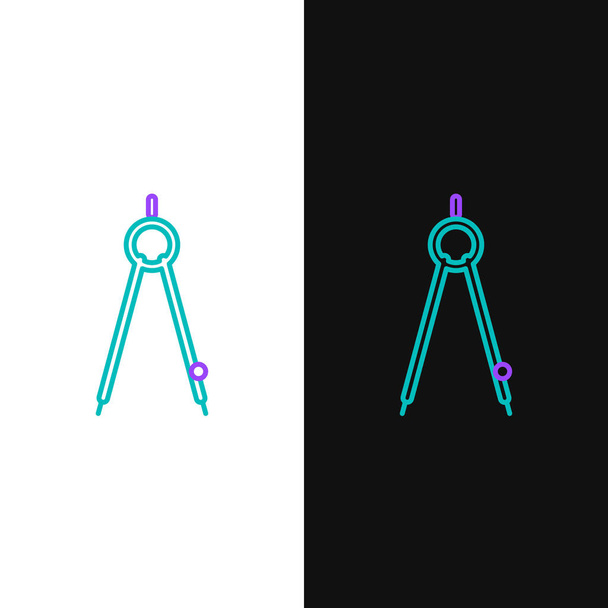 grüne und lila Linienzeichnung Kompasssymbol isoliert auf weißem und schwarzem Hintergrund. Kompasse. Zeichen- und Lehrwerkzeuge. geometrisches Instrument. Vektorillustration - Vektor, Bild