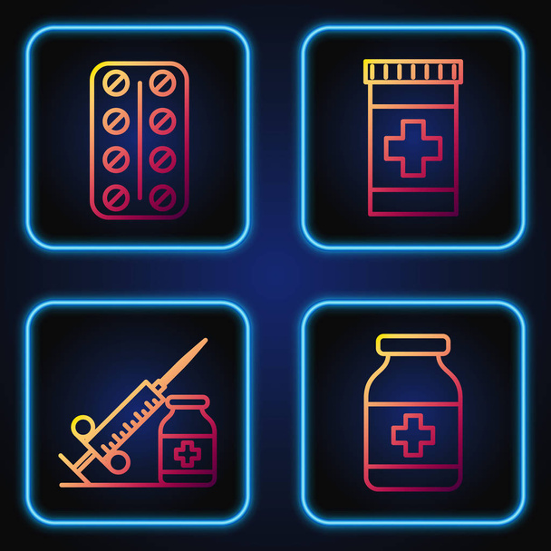 Set Line Medizinflasche, medizinische Spritze mit Nadel und Fläschchen oder Ampulle, Tabletten in Blisterverpackung und Medizinflasche. Farbverlauf-Symbole. Vektor - Vektor, Bild