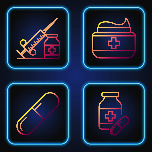 Set line Medicine bottle and pills, Medicine pill or tablet, Medical syringe with needle and vial or ampoule and Ointment cream tube medicine. Gradient color icons. Vector - Vector, Image