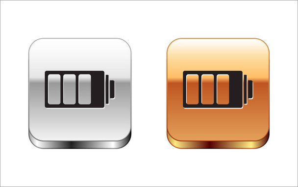 Fekete akkumulátor töltöttségi szint jelző ikon izolált fehér háttér. Ezüst-arany négyzetgomb. Vektoros illusztráció - Vektor, kép