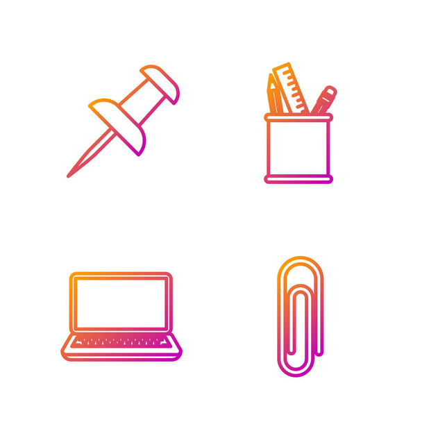 Definir linha Clipe de papel, Laptop, Push pin e lápis caso papelaria. Ícones de cores gradientes. Vetor
 - Vetor, Imagem