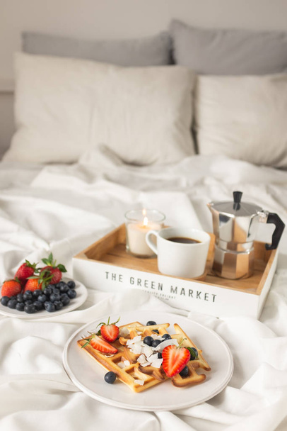 Healthy homemade breakfast with waffles and berries - Fotoğraf, Görsel