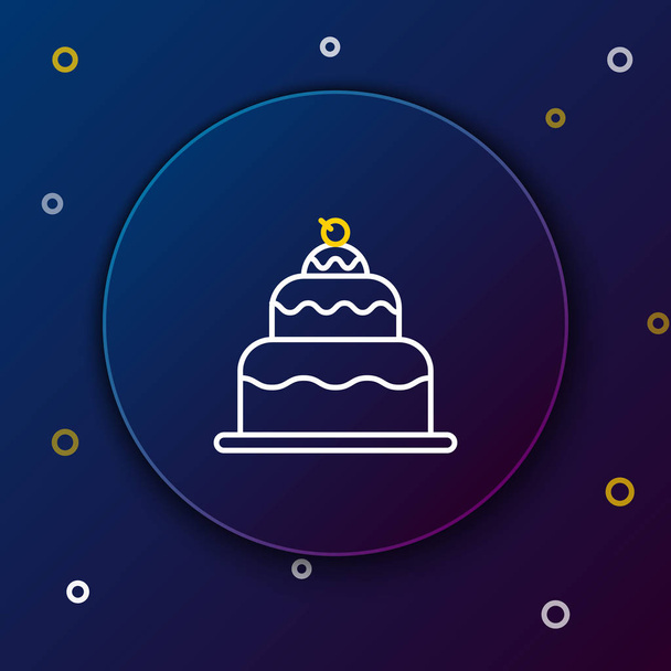 weiße und gelbe Linie Kuchen Symbol isoliert auf dunkelblauem Hintergrund. Alles Gute zum Geburtstag. Buntes Rahmenkonzept. Vektorillustration - Vektor, Bild
