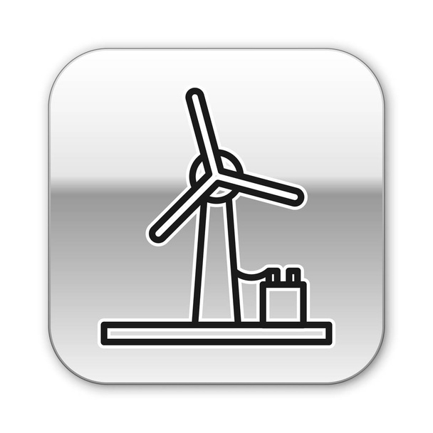 Black line Wind turbine icon isolated on white background. Wind generator sign. Windmill for electric power production. Silver square button. Vector Illustration - Vector, Image