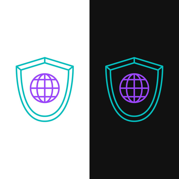 Ligne verte et violette Bouclier avec icône globe mondial isolé sur fond blanc et noir. Sécurité, sûreté, protection, concept de vie privée. Illustration vectorielle
 - Vecteur, image