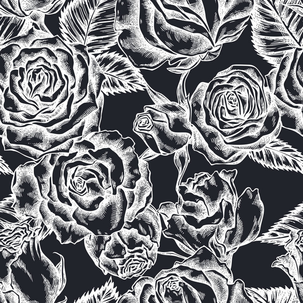 Seamless pattern with hand drawn chalk roses - Vector, imagen