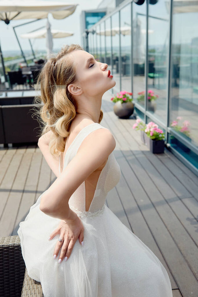Portrait of beautiful bride wearing fashion wedding dress with luxury make-up and hairstyle outdoors - Zdjęcie, obraz