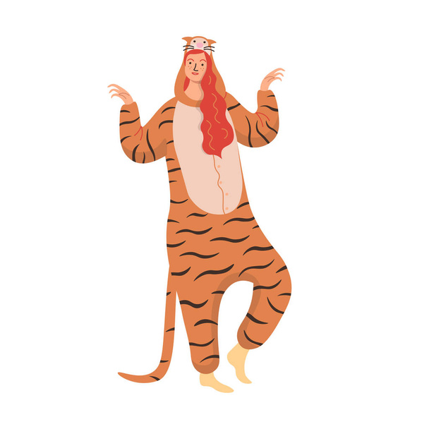 Woman wearing tiger pajamas. Flat vector illustration. - Vector, Image