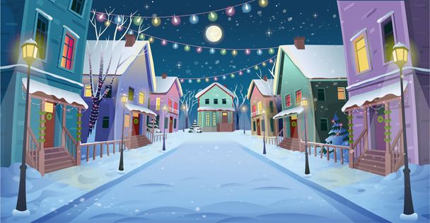 Panorama road over the street with lanterns and a garland. Vector illustration of winter city street in cartoon style. - Vector, Image