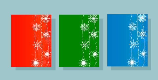 Kartenset mit abstrakten Eiskristall-Schneeflocken auf rot-grün-blauem Hintergrund - Vektor, Bild