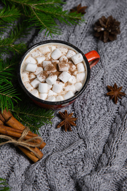 Какао напиток в кружке с зефиром на зимнем фоне с анисом и корицей
 - Фото, изображение