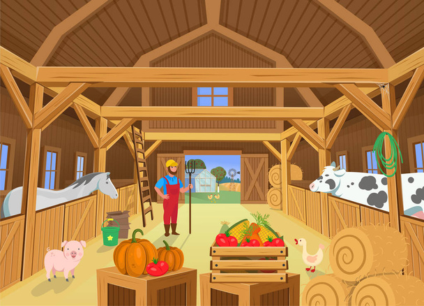 Um celeiro com animais e fazendeiro, vista para dentro. Ilustração vetorial em estilo cartoon
 - Vetor, Imagem