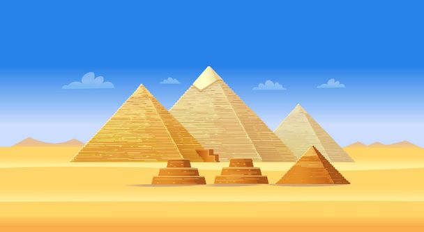 Egyptian pyramid complex in Giza. Famous African landmark, touristic center of Cairo. Illustration in cartoon style. - Vector, Image