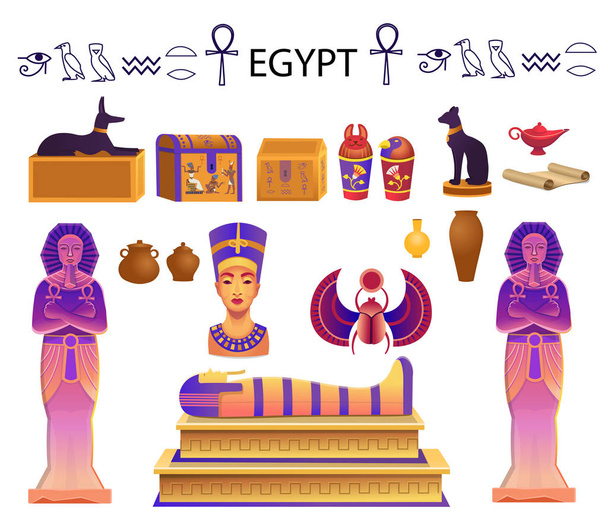 Египет установлен в мультяшном стиле с саркофагом, сундуки, статуи фараона с анх, статуэтки кошки, собака, Нефертити, колонны, скарабей и лампы
.  - Вектор,изображение