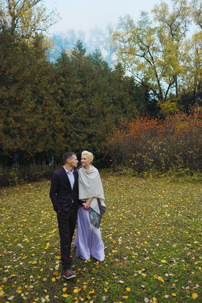 Pretty newlyweds couple posing in park - Valokuva, kuva