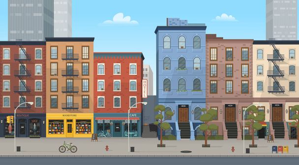  Panorama city building houses with shops: boutique, cafe, bookstore.Vector illustration in flat style. Pozadí pro hry a mobilní aplikace. - Vektor, obrázek