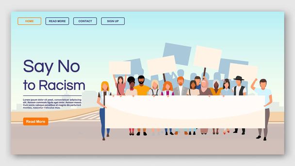 Zeg nee tegen racisme landing page vector template. Protest tegen rassenongelijkheid en discriminatie website interface met platte illustraties. Homepage lay-out, webbanner, webpagina cartoon concept - Vector, afbeelding