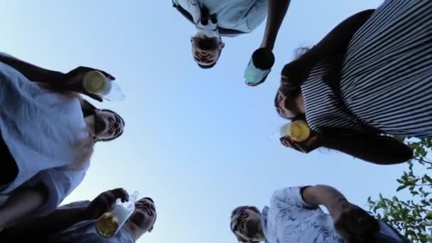 Spodní pohled: Skupina přátel cinkání pivními lahvemi a pití proti obloze na letní párty - Záběry, video