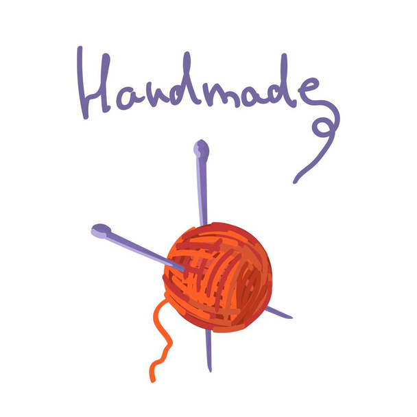 編み針で糸のボールでイラスト。オレンジの糸手作りの碑文。編み針付きベクトルボール糸。白い背景に隔離されている。編み物用糸 - ベクター画像